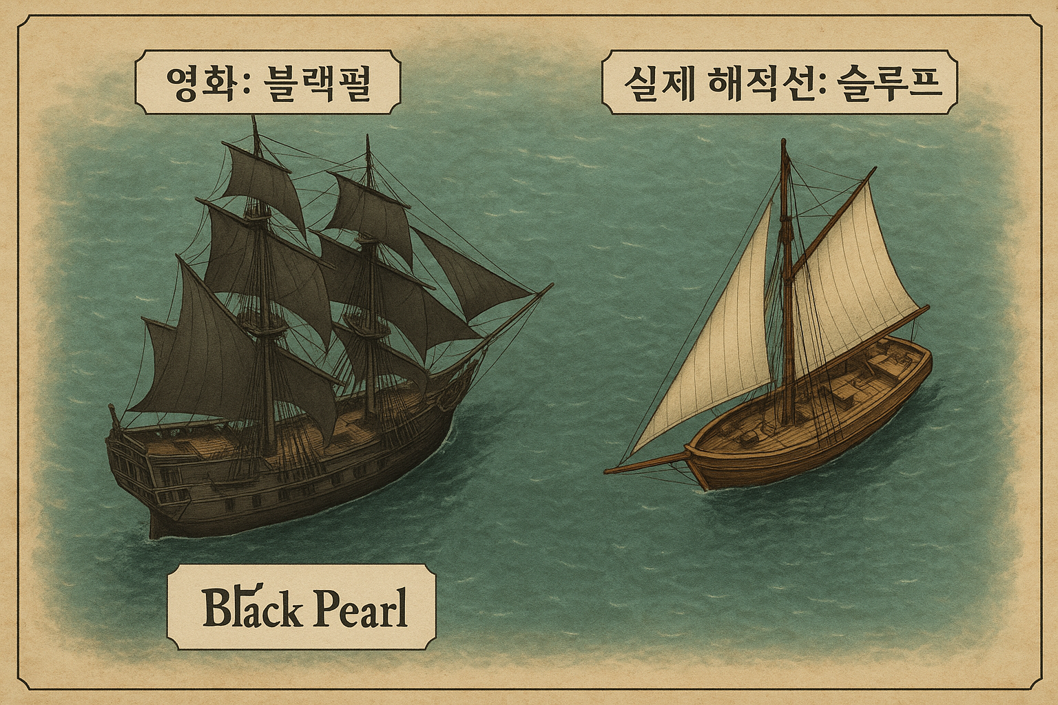 영화 블랙펄호와 실제 슬루프형 해적선 비교