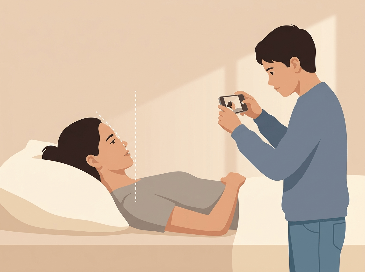 베개 높이 확인법 — 가족이 옆에서 사진 찍는 장면 일러스트