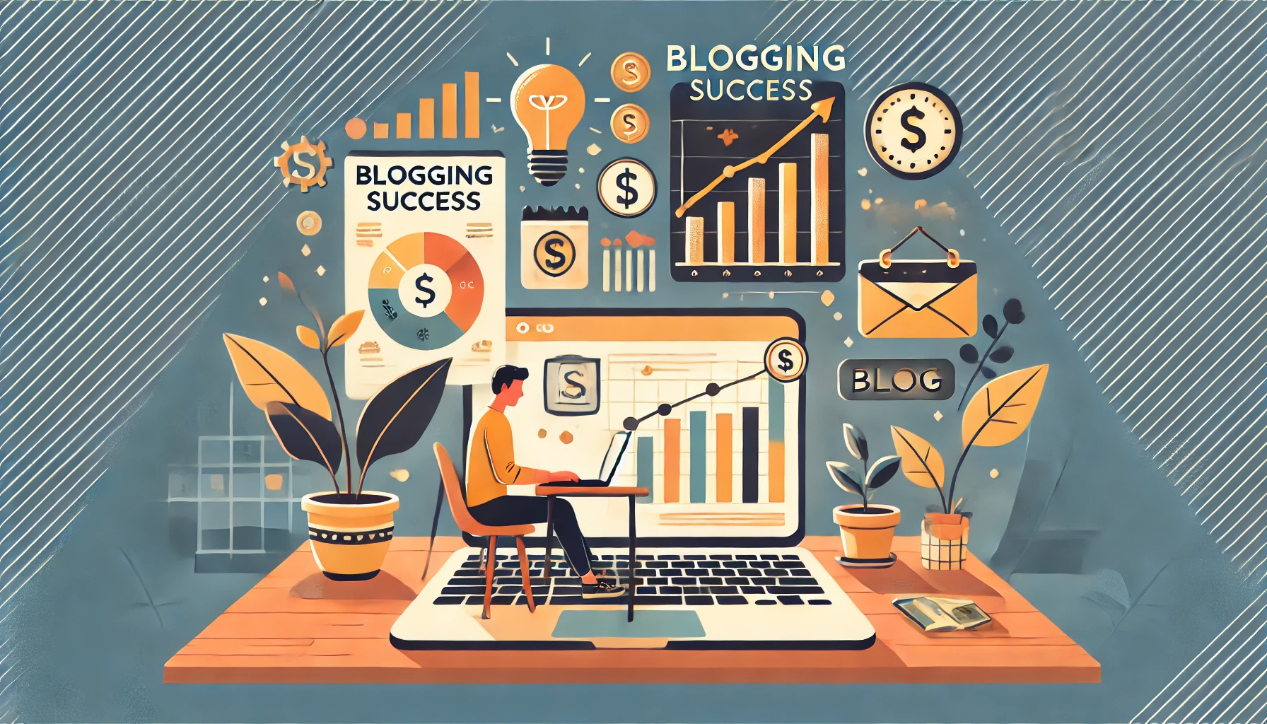 성장하는 그래프와 돈 기호로 수익 창출과 블로그 성장을 강조