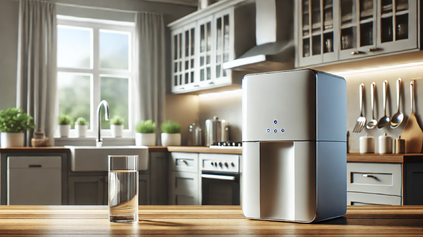 현대적인 주방에 설치된 슬림한 정수기