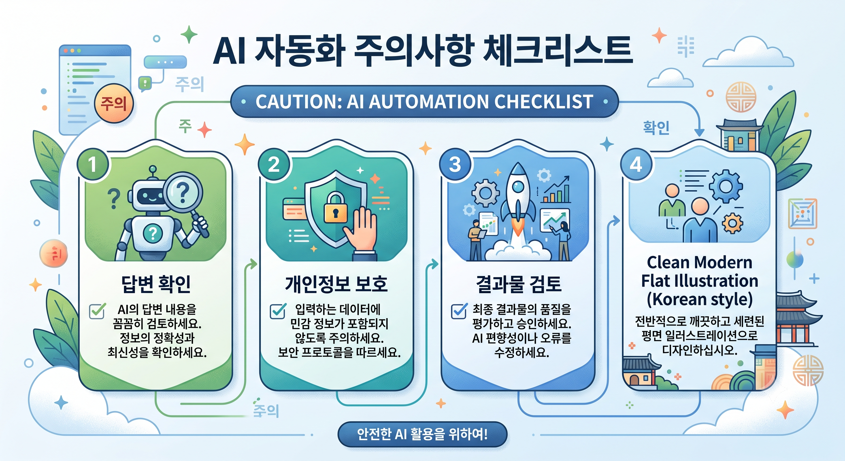 결과 검토와 개인정보 보호를 안내하는 AI 자동화 주의사항 인포그래픽