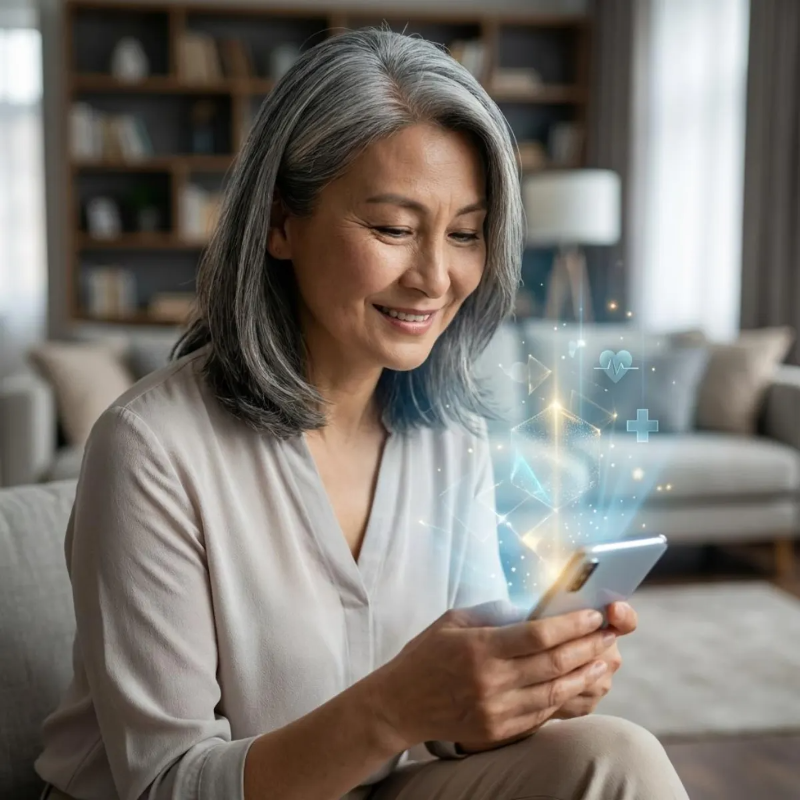 스마트폰을 통해 신뢰할 수 있는 건강 정보를 확인하며 안도하는 표정을 지은 지적이고 인자한 인상의 50대 한국인 여성의 시네마틱한 모습