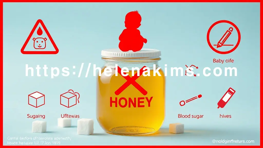 경고를 나타내는 붉은색 테두리 안에 투명한 꿀병이 놓여 있다. 꿀병 위에는 빨간색 'X' 표시가 있는 아기 실루엣이 강조되며, 그 주변에는 과도한 설탕 섭취를 나타내는 설탕 큐브 아이콘과 혈당 상승 그래프 아이콘이 표현된 그래픽 이미지.