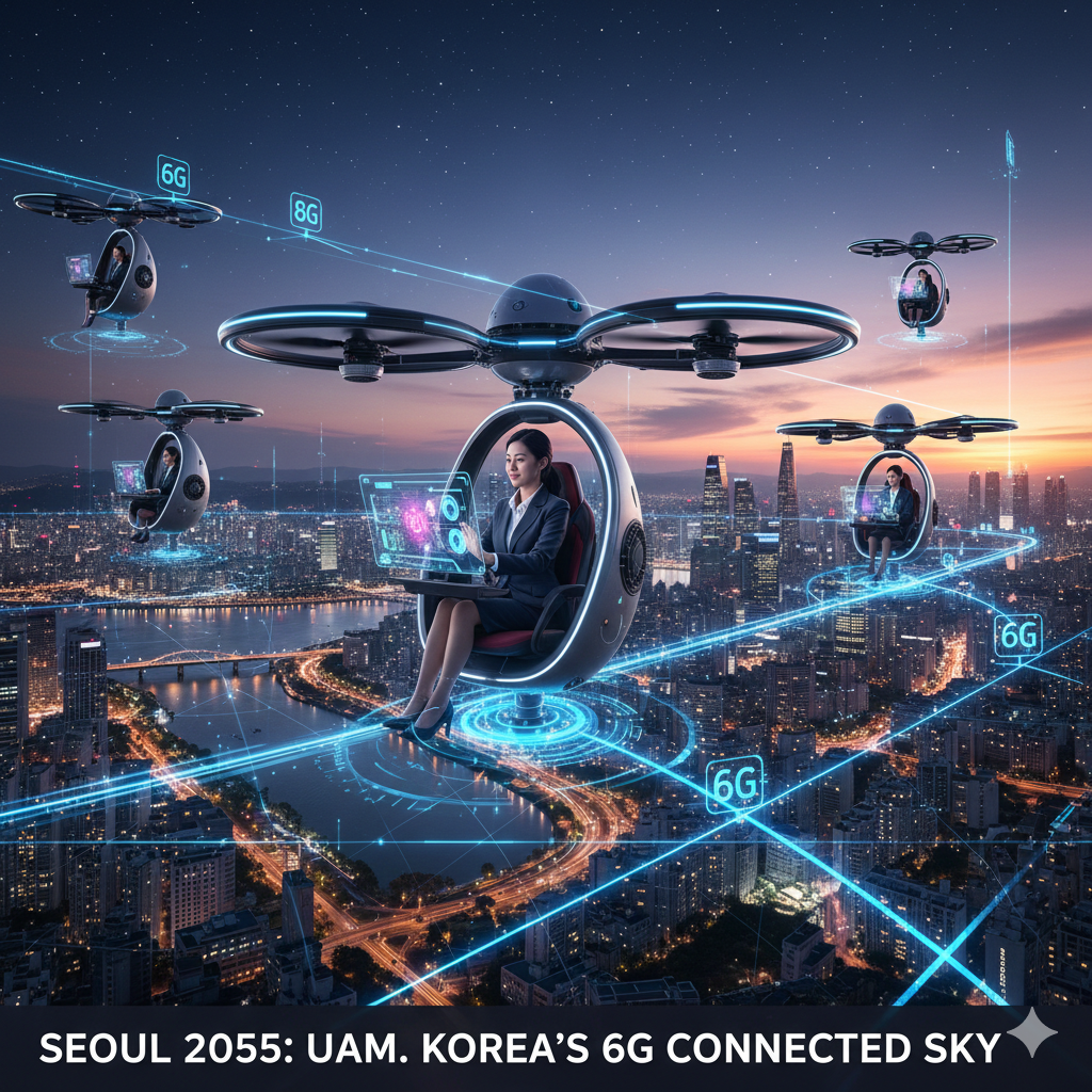 6G 연결을 통해 서울 상공을 비행하는 자율주행 UAM의 미래 모습