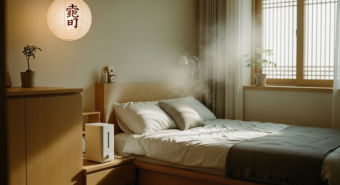 방에-침대가-있고-옆에-가습기가-작동하고-있는-사진입니다.