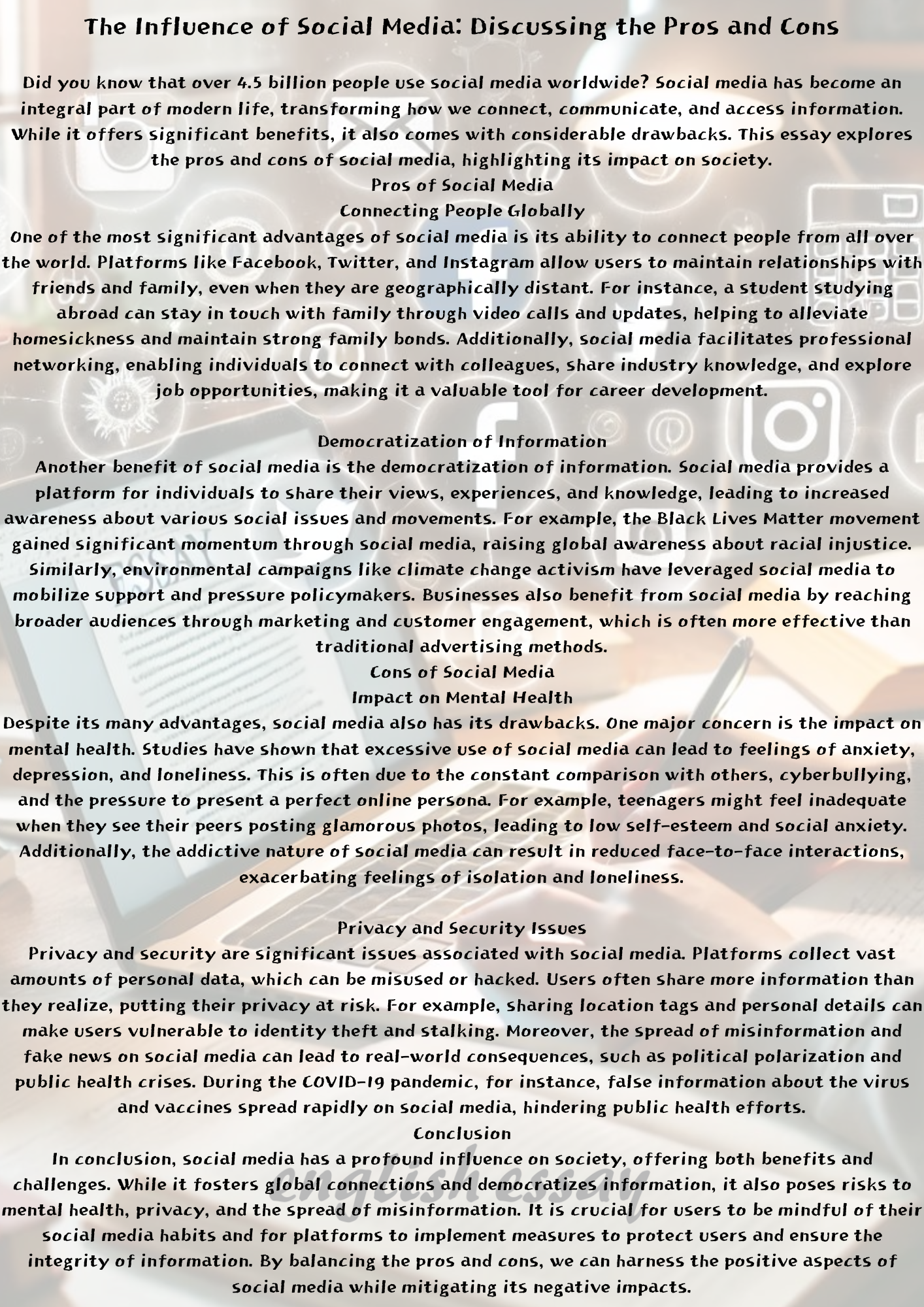 The Influence of Social Media: Discussing the Pros and Cons 소셜 미디어의 영향: 장단점에 대해 논의하기