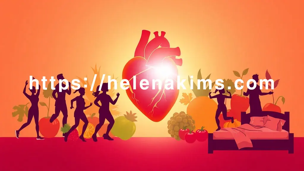밝고 활력 넘치는 배경에 건강한 인간 심장 실루엣이 중앙에 있고, 심장 주변으로 신선한 채소와 과일, 운동하는 사람의 역동적인 실루엣, 평화롭게 명상하는 모습.
