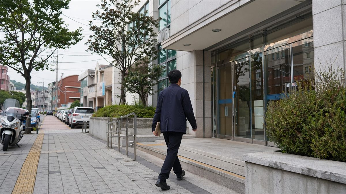 서류철을 들고 주민센터 건물 쪽으로 걸어가는 한국인 남성 전경