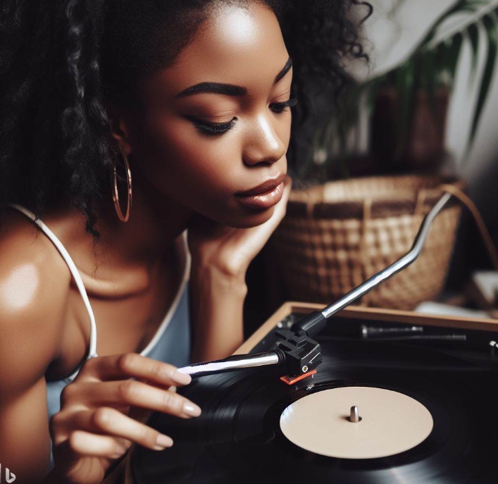 레코드 바늘을 사용하여 레코드판 음악을 재생하는 여성의 모습