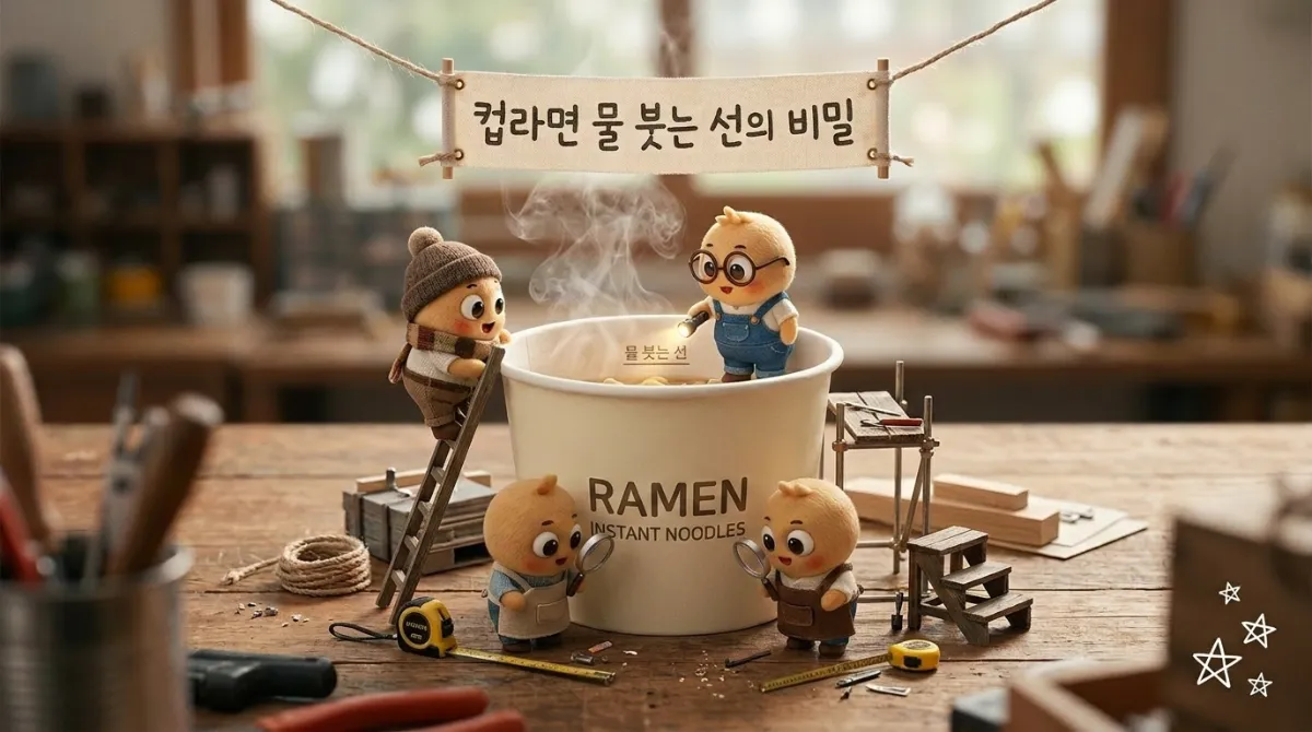 귀여운 픽사 스타일 미니미 캐릭터들이 거대한 컵라면 용기 주변에서 물 붓는 선을 탐구하는 미니어처 디오라마 장면
