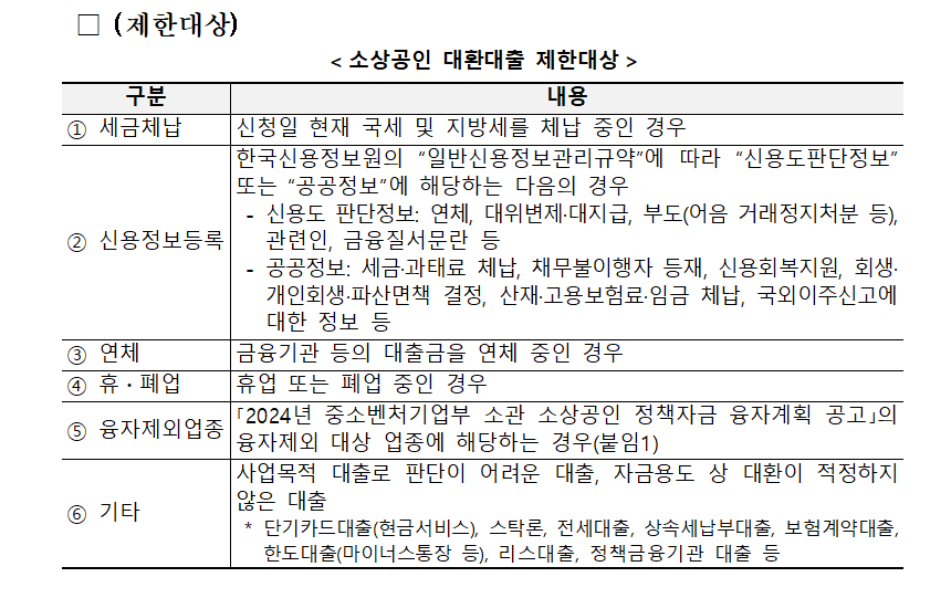 소상공인 대환대출 제한대상