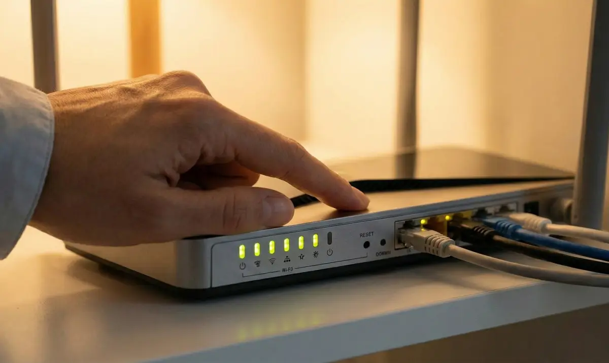 인터넷 연결 문제를 해결하기 위해 와이파이 공유기를 재부팅하는 손