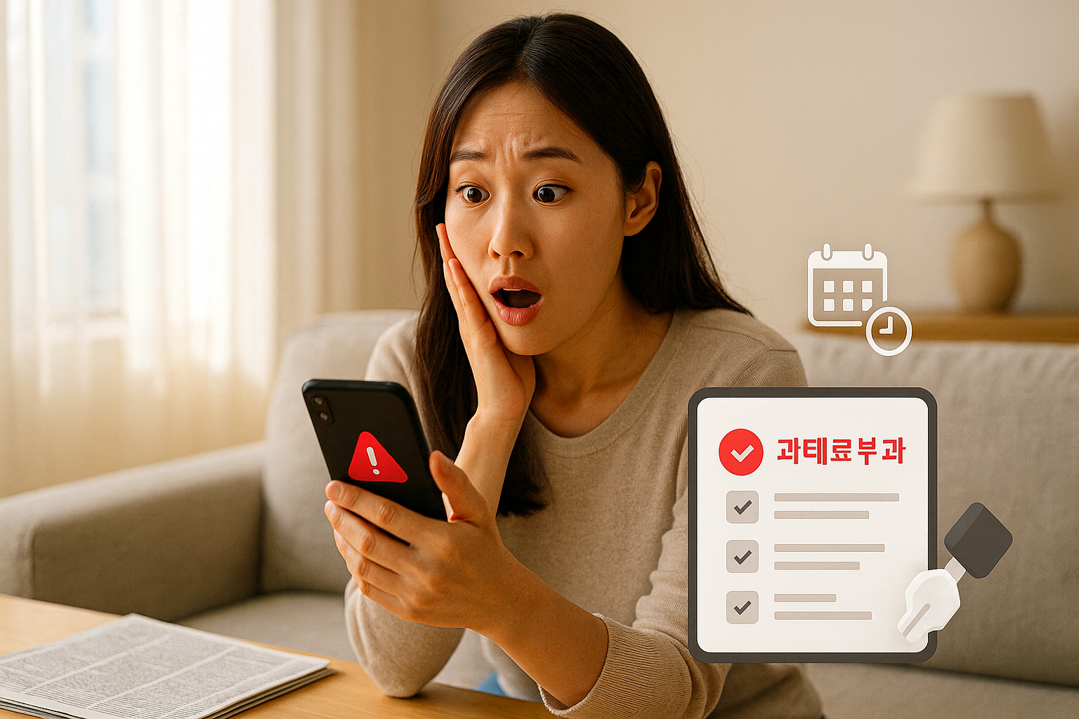 소파에 앉아 스마트폰으로 주민등록 사실조사 알림을 보고 놀란 표정의 한국 여성