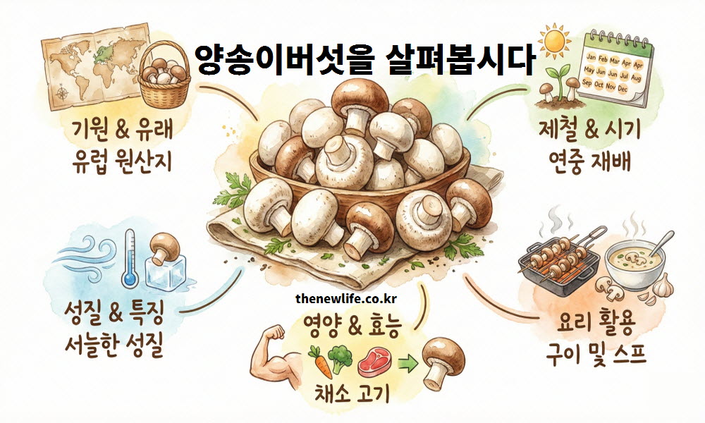 양송이버섯 효능과 함께 유럽 원산지와 세계적으로 재배되는 기원 유래를 설명