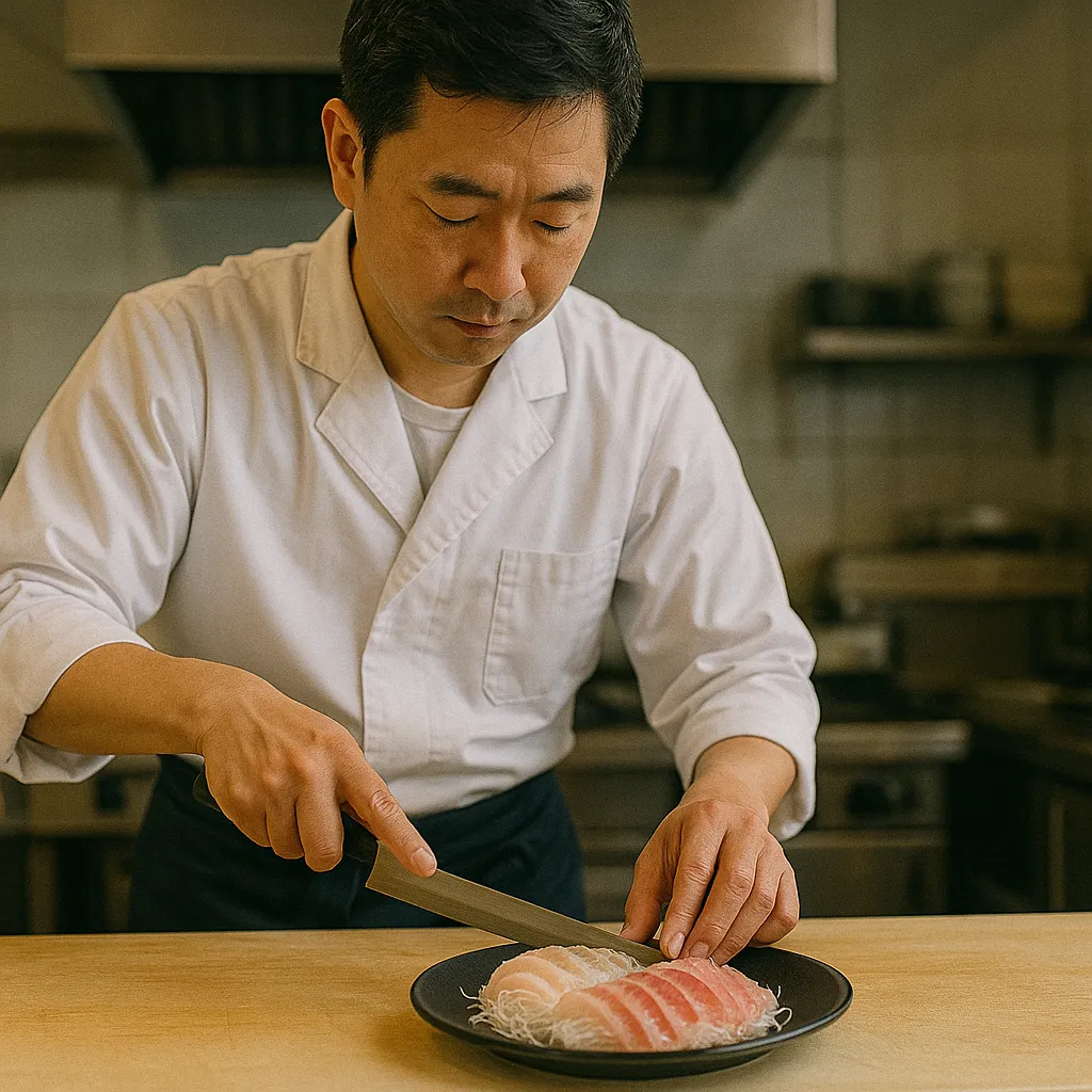 주방에서 회를 정성껏 준비하는 셰프의 모습