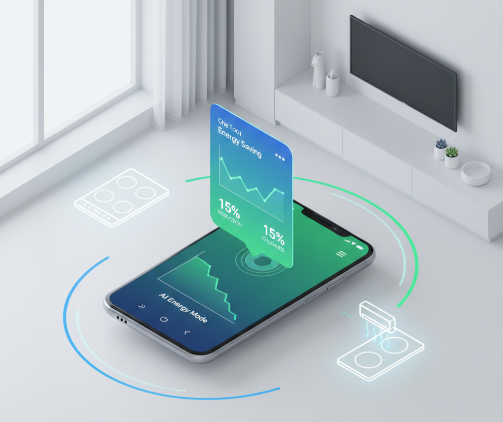 스마트폰 화면 위에 떠 있는 스마트싱스 에너지 관리 인터페이스 그래픽. 전력량 절감 그래프와 15% 탄소 절감 수치가 표시되어 있으며, 주변으로 인덕션과 에어컨 아이콘이 연결된 스마트 홈 에너지 대시보드 일러스트.