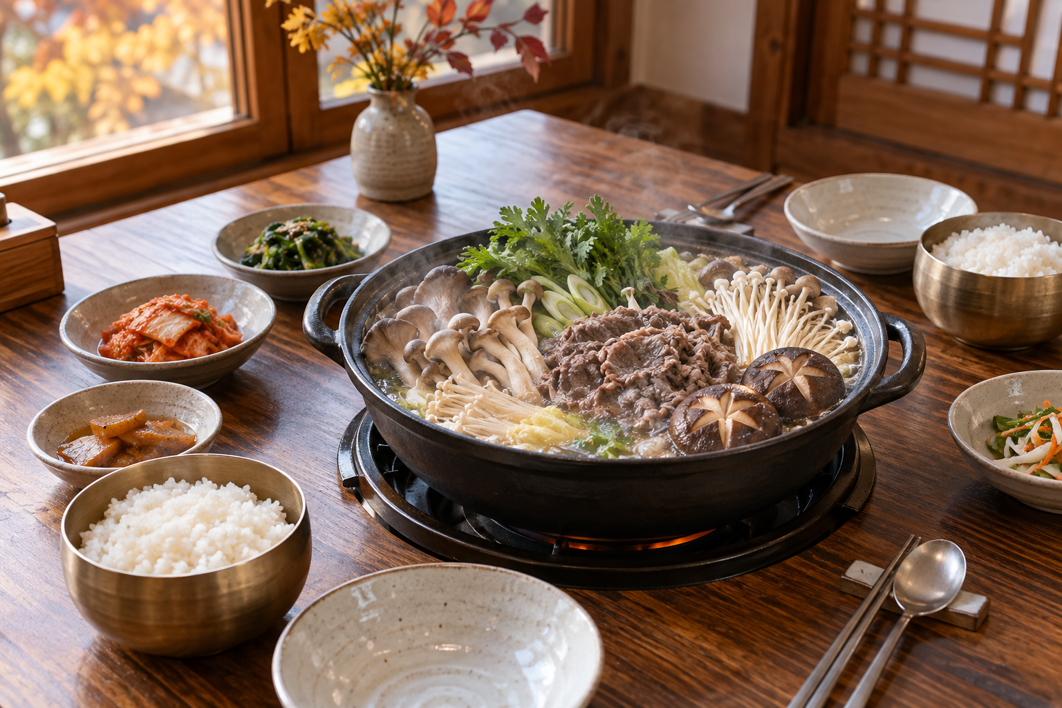 버섯과 소고기를 넣은 따뜻한 전골과 밥으로 구성한 해미 여행 식사 이미지