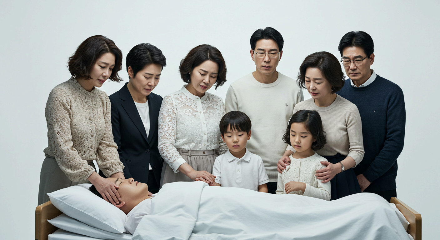 침대에 누워 임종을 맞이하는 사람의 곁에 한국인 가족 여러 명이 모여서 슬픔과 경건함 속에서 마지막 작별 인사를 나누고 있는 모습. 가족들은 서로 기대거나 손을 잡고 있다.