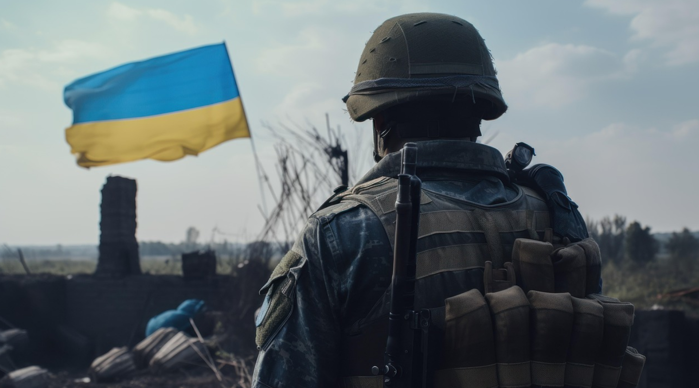 흩날리는 우크라이나 국기와 그걸 보는 군인