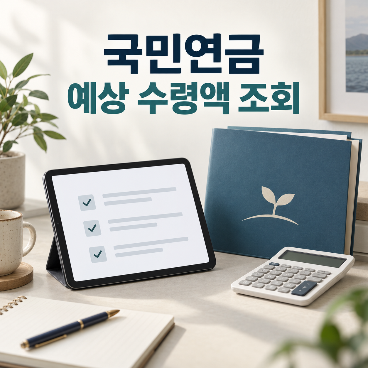 국민연금 예상 수령액을 조회하는 태블릿과 계산기