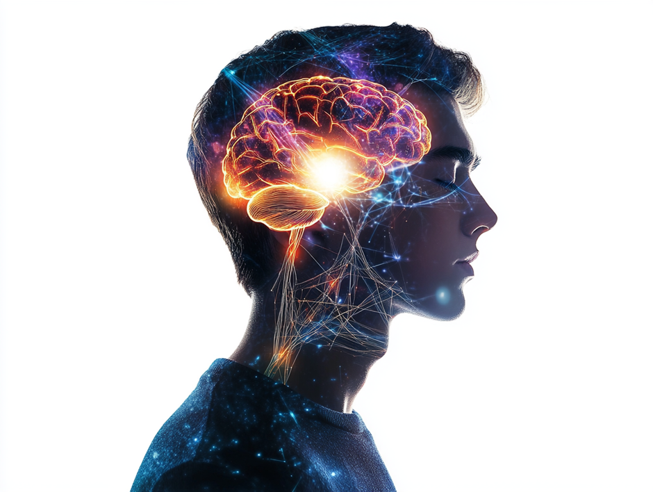 이 사진은 한 남성의 옆모습을 디지털 아트 스타일로 표현한 이미지입니다. 그의 머리 부분에는 빛나는 뇌가 강조되어 있으며, 신경망과 같은 연결 구조가 몸 전체로 퍼져 있습니다. 배경은 어둡고, 파란색과 보라색의 빛이 마치 우주 속 네트워크처럼 퍼져 있어 미래적이고 신비로운 분위기를 자아냅니다.