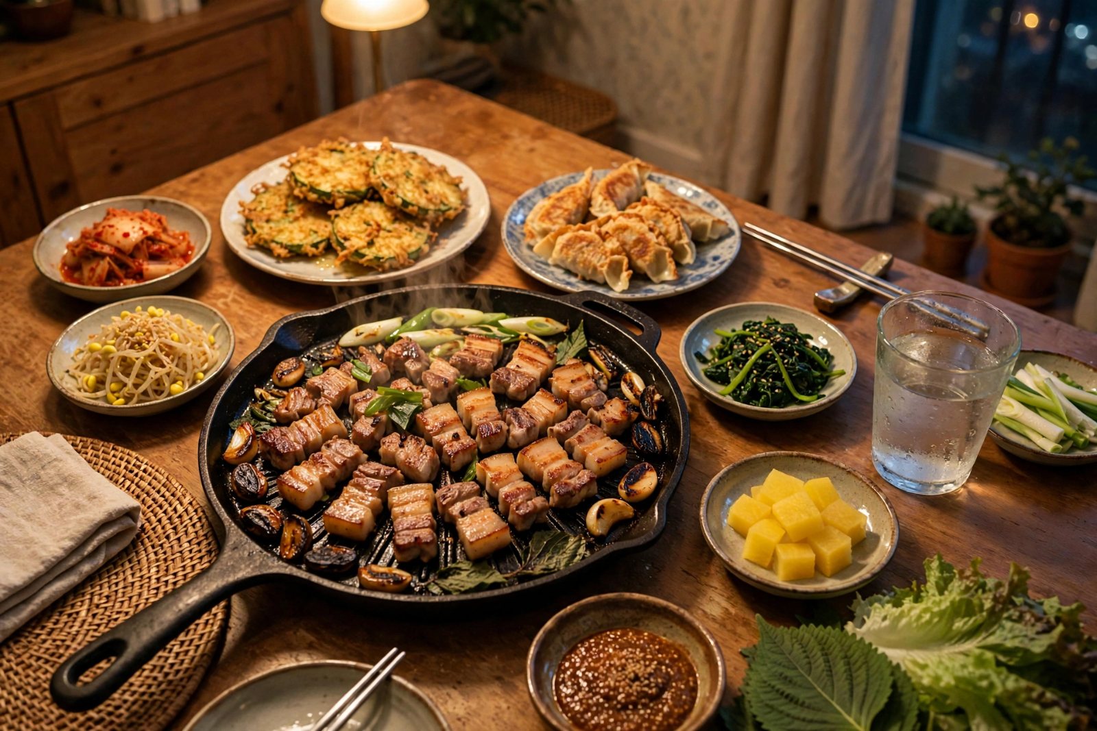 삼겹살과 술이 있는 전날 저녁 식탁 장면