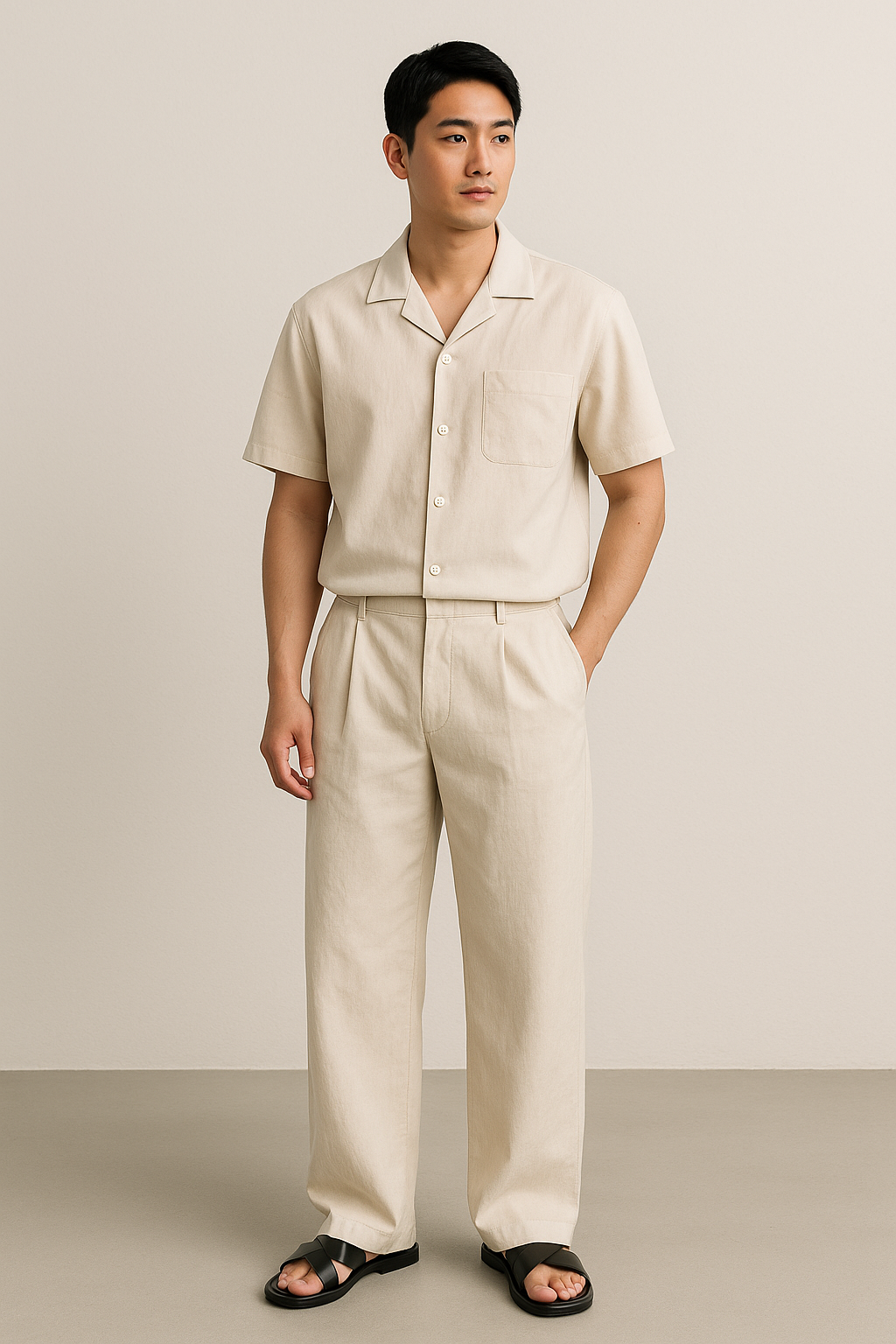 저지 베럴 레그 팬츠를 입은 남성의 전신 컷. 여름 셋업 스타일로 연출