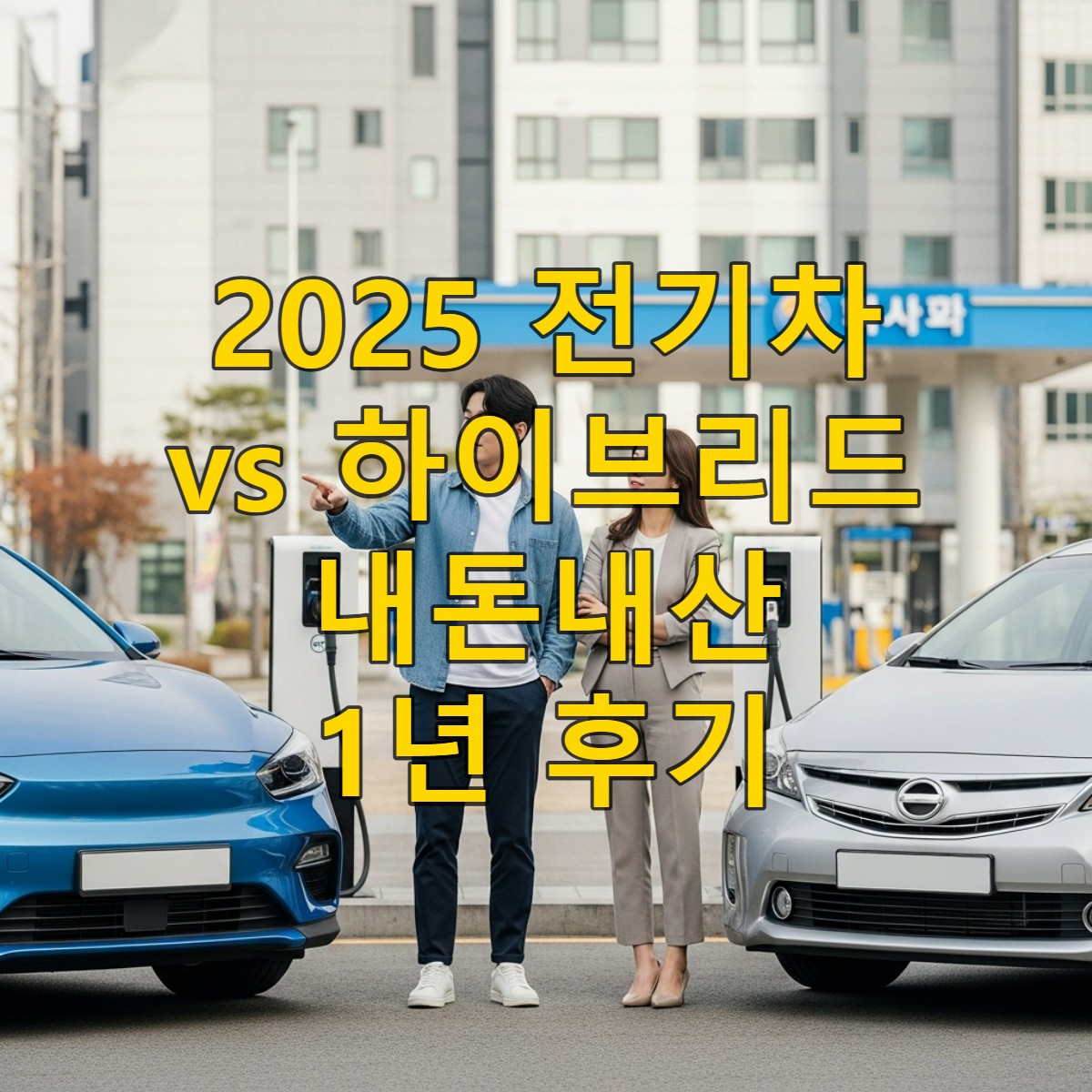 2025년 기준 전기차와 하이브리드를 비교하는 한국인 남녀가 차량 옆에 서 있는 모습