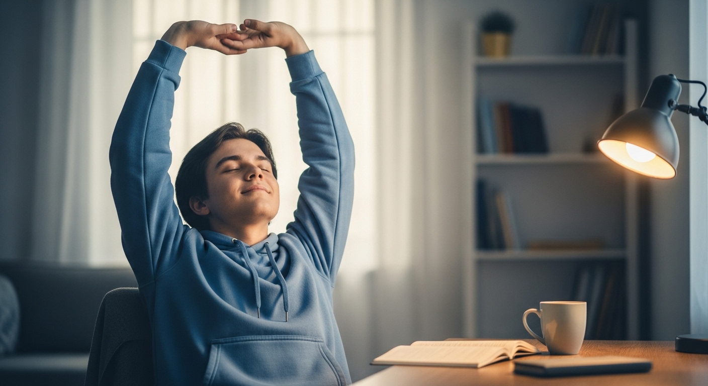 수능 시험 준비 막바지에 잠시 휴식을 취하며 심호흡과 스트레칭으로 컨디션을 조절하는 학생의 모습.