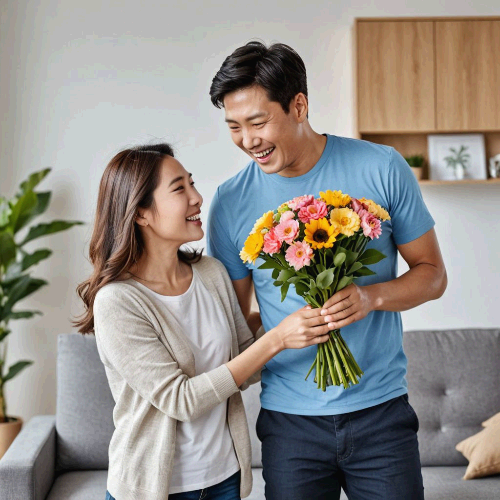 아내에게 꽃다발을 선물하는 남편