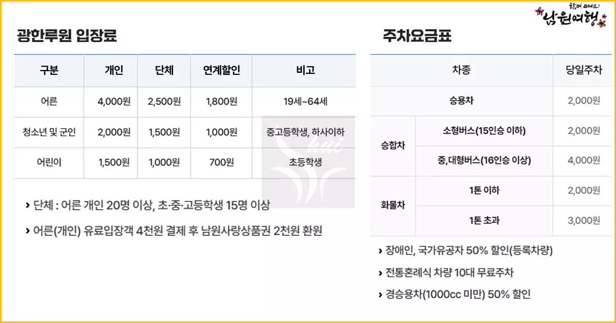 광한루원 입장료 및 주차요금