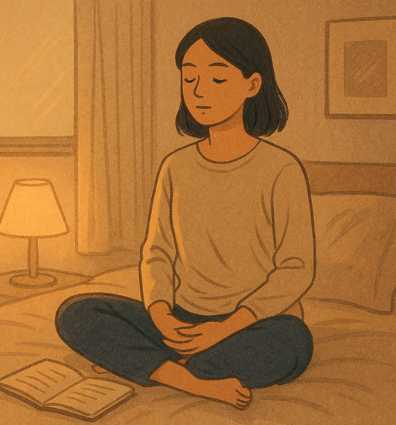 침대 위에서 마음챙김을 위해 명상하는 여성 일러스트