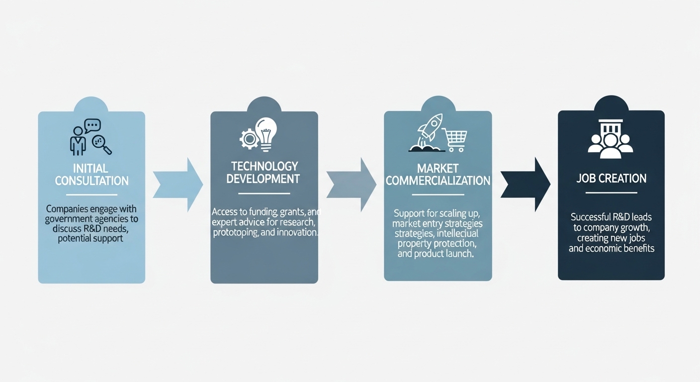 정부의 중견기업 R&D 지원 절차를 도식화한 인포그래픽: 컨설팅, 기술 개발, 사업화, 고용 창출까지의 과정.