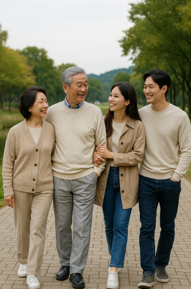부모님들을 모시고 산책하고 있는 모습