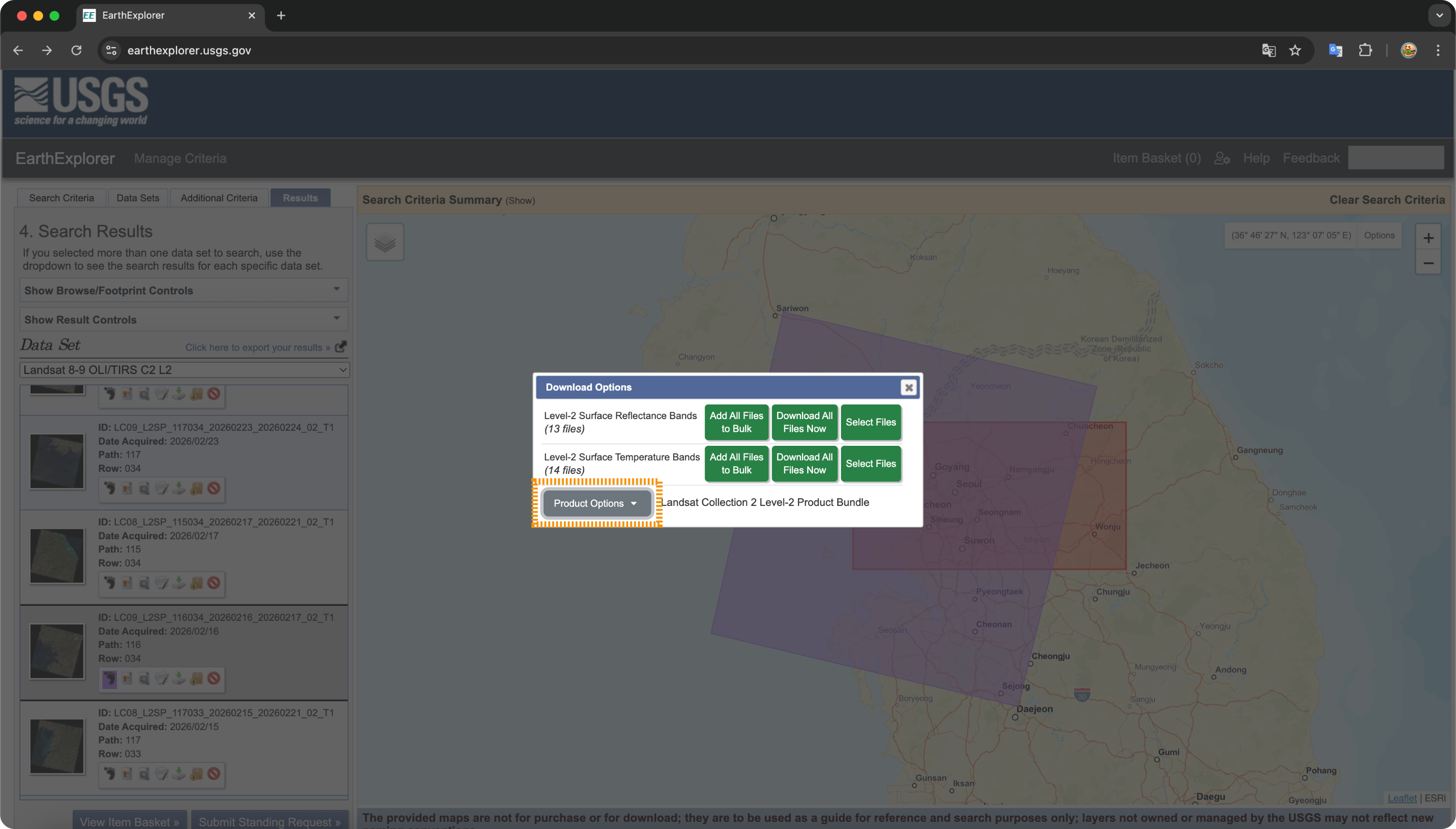 Download Options 팝업 → Level-2 Surface Reflectance Bands 선택
