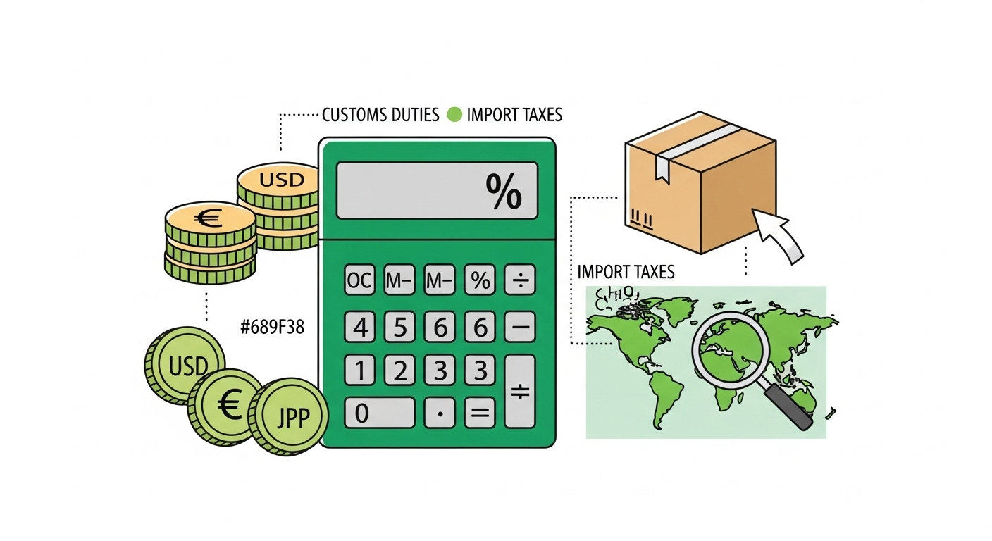 관부가세 계산기를 사용하는 모습과 해외 직구 관세에 대한 정보 그래픽.