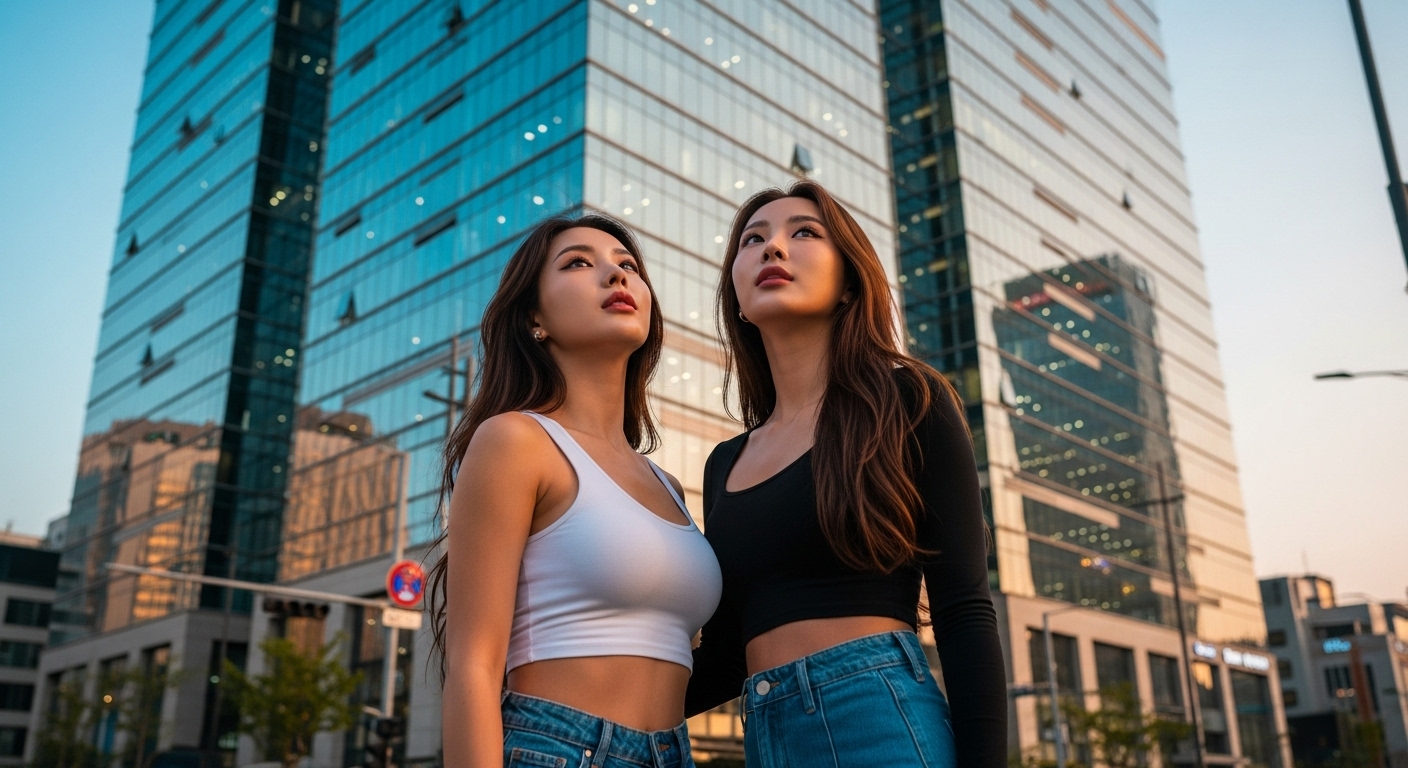 유리건물을 올려다보는 여자들