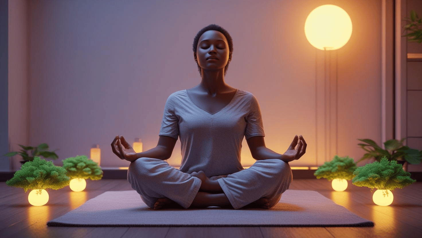 조용한 실내에서 현대인이 복식호흡을 하며 명상에 집중하는 모습