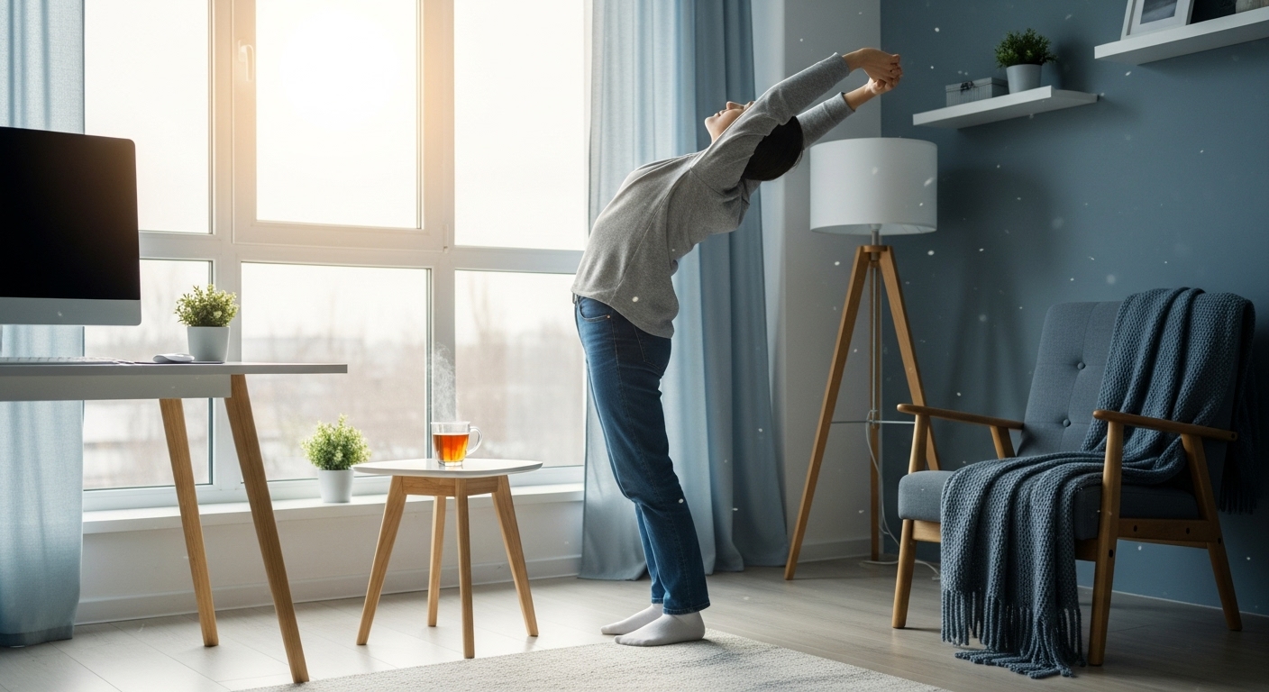 컴퓨터에서 벗어나 차를 마시며 휴식을 취하는 사람의 모습