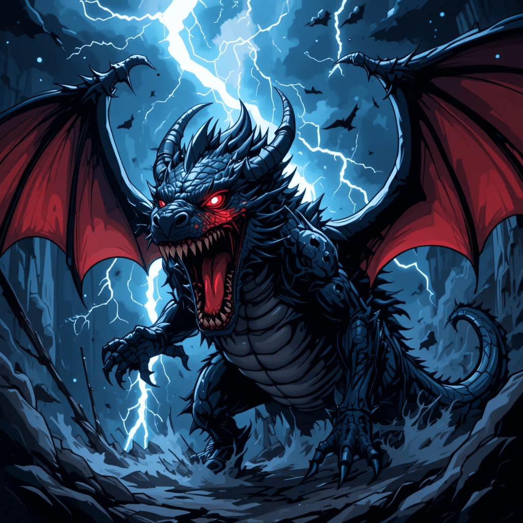 용이 나오는 꿈 중 흉몽으로 검은 용이 포효하는 꿈의 참고이미지입니다.