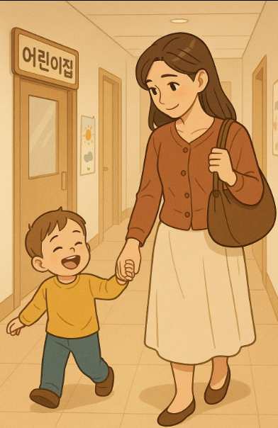어린이집에서 하원하는 아기와 따뜻하게 맞이하는 부모의 모습