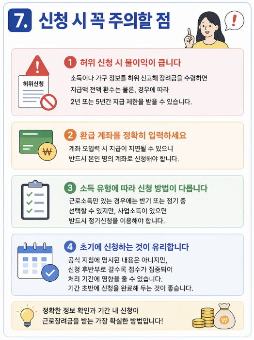 2026년 근로장려금 신청 시 꼭 주의할 점 4가지 요약. 허위 신청 시 지급 제한(2~5년) 및 환수 조치 안내. 본인 명의 환급 계좌 정확한 입력의 중요성, 사업소득자의 정기신청 필수 요건, 그리고 빠른 지급을 위한 신청 초기 접수 권장 내용 포함.