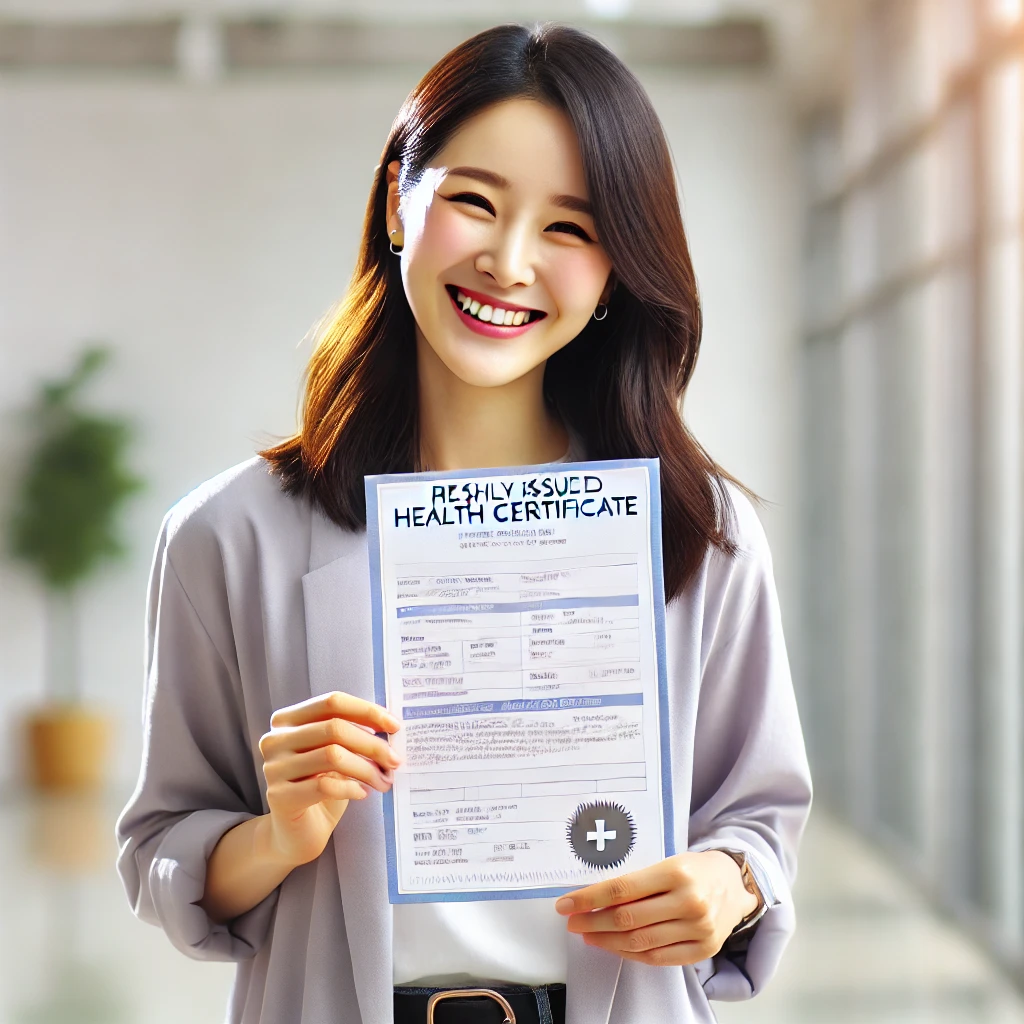 발급 받은 보건증을 손에 들고 기뻐하는 모습의 여자