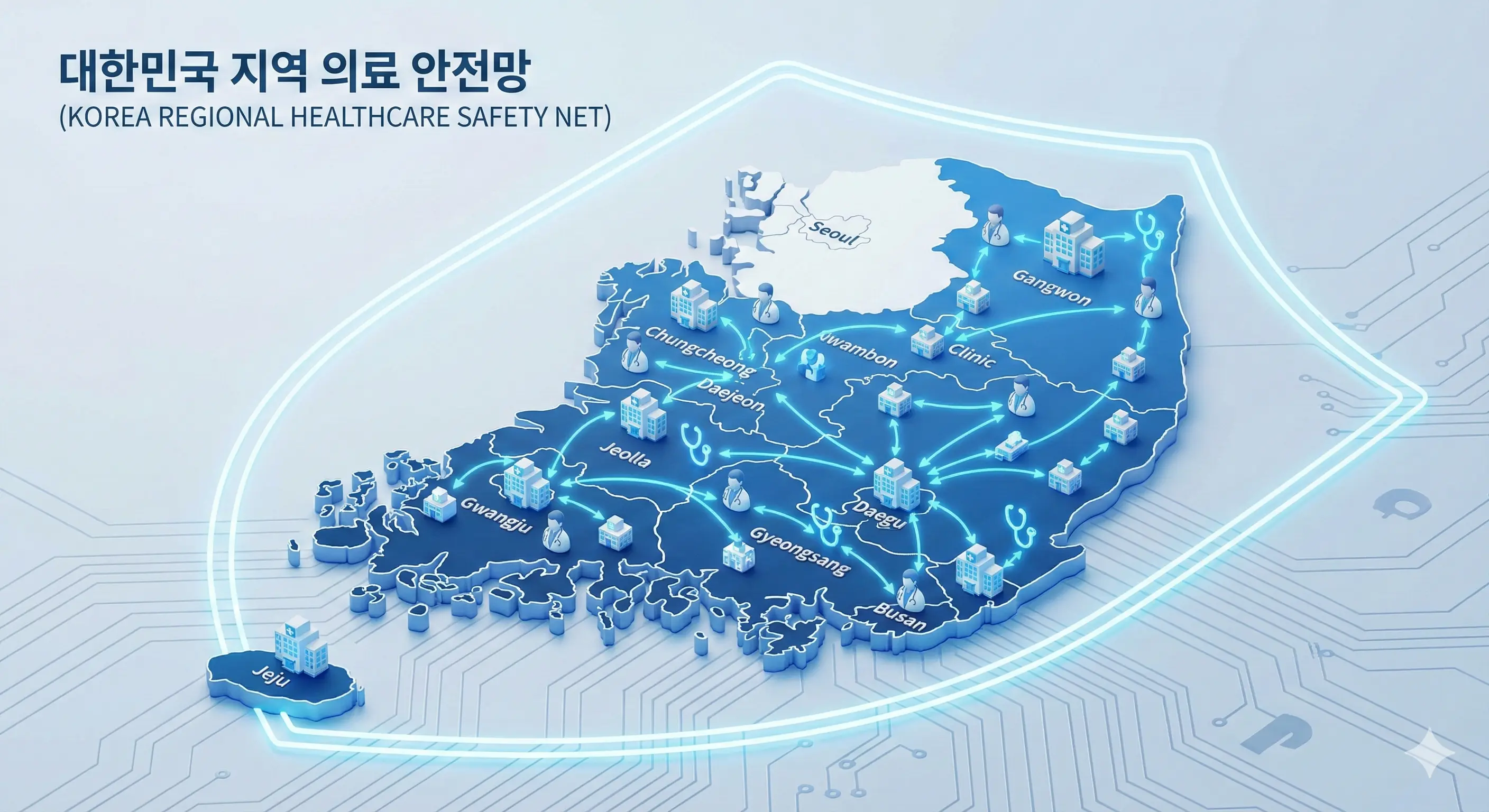 대한민국 지역별 의료 네트워크를 형상화한 3D 일러스트 이미지