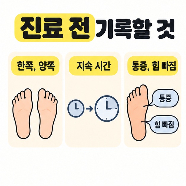 진료 전 한쪽인지 양쪽인지, 지속 시간, 통증과 힘 빠짐을 기록하도록 발 그림과 시간 흐름으로 보여주는 이미지