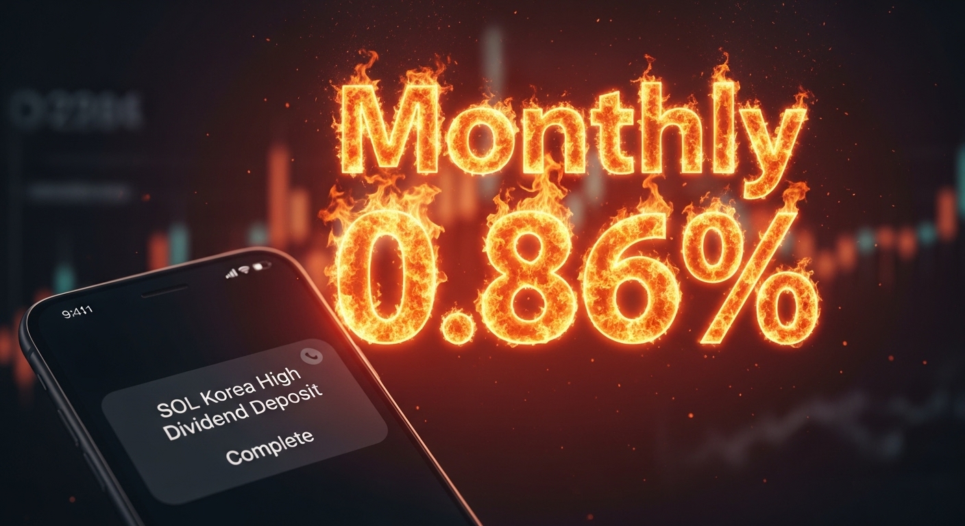 스마트폰 화면에 'SOL 코리아고배당 입금 완료' 알림이 뜨고, 그 뒤로 '월 0.86%'라는 숫자가 불타오르는 이미지
