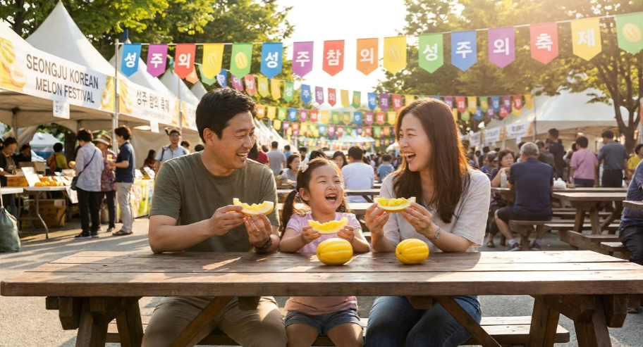 성주 성밖숲의 울창한 왕버들 나무 아래 설치된 축제 부스들