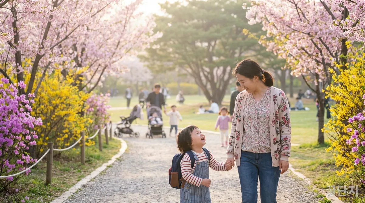 봄꽃길을 걷는 한국 엄마와 아이의 다정한 모습
