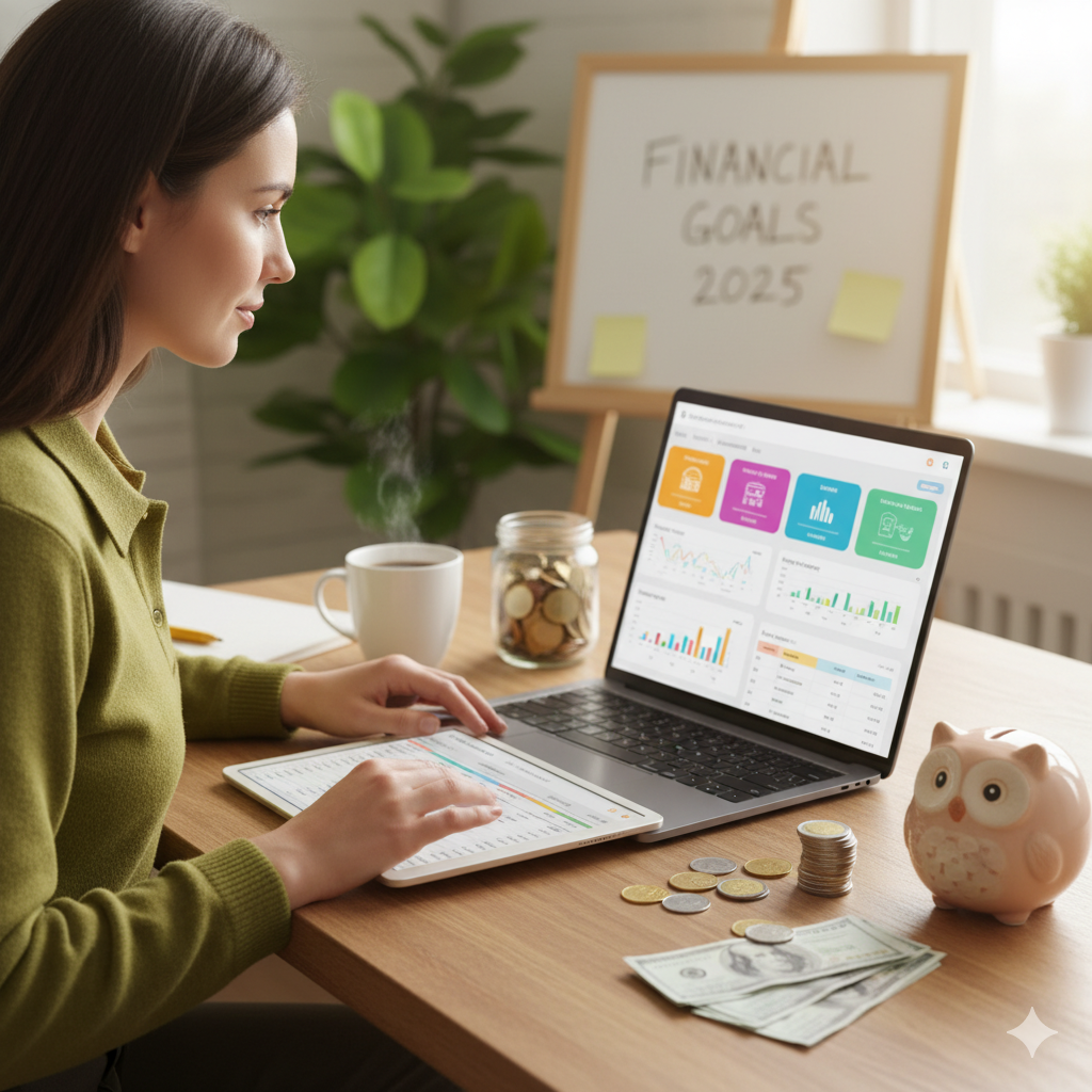 프리랜서 여성이 노트북과 태블릿으로 가계부 및 금융 목표(Financial Goals 2025)를 관리하며 저금통과 현금을 정리하는 모습. 소득 불안정에 대비하는 재테크 계획