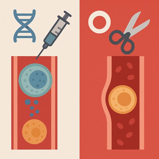 혈관 단면 속에서 세포독성 림프구가 과립을 분비하는 장면과 퍼포린이 표적 세포막에 구멍을 만드는 장면을 나란히 배치, 좌측에는 DNA 아이콘과 자가 조혈모세포 주사기, 우측에는 편집 가위 아이콘, 미니멀 인포그래픽